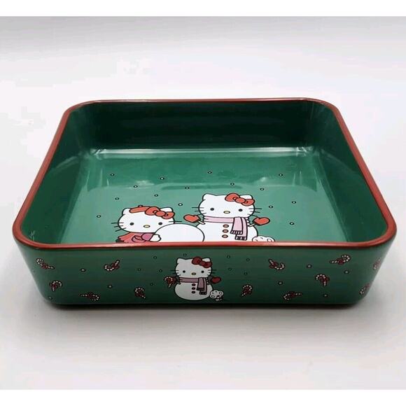Sanrio Hello Kitty Christmas Snowman Square Baking Dish 9" Ceramic Green and Red - Picture 5 of 10